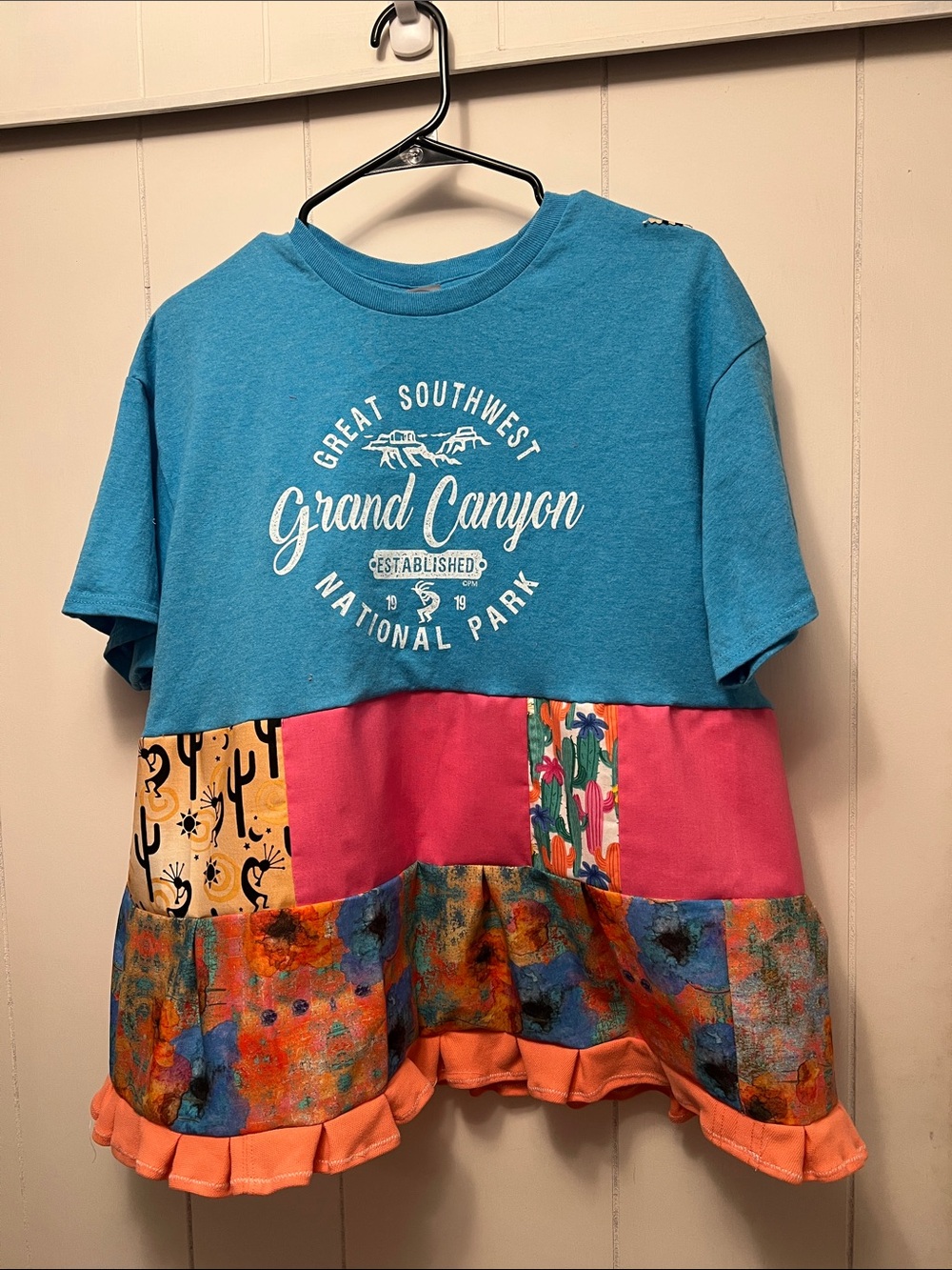 Grand Canyon Blue & Pink Patchwork top altered tee large